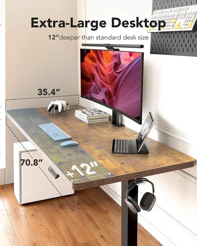 Alt view image 4 of 7 - 71 x 35 inch Electric Standing Desk, Powerful Brushless Motor Large Height Adjustable Table, 4 Memory Preset Sit Stand Up Desk, Home Office Computer Table with Thick T-Shaped Frame, Vintage