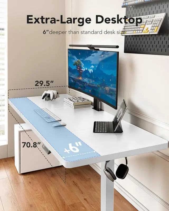 Alt view image 4 of 7 - 71 x 30 inch White Electric Standing Desk, Large Height Adjustable Table, 4 Memory Preset Sit Stand Up Desk, Powerful Brushless Motor Home Office Computer Table with Thick T-Shaped Frame