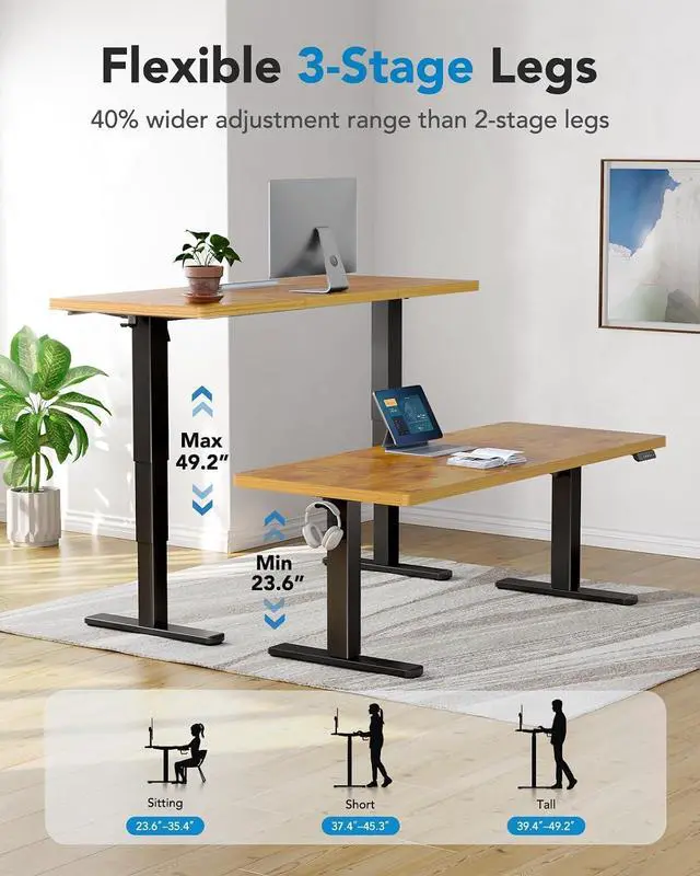 Alt view image 6 of 7 - 71x35 Inch 3-Stage Legs Electric Standing Desk,Large Height Adjustable Office Desk with Brushless Motor,Stand Up Desk with 4 Memory Presets & 2 Hooks,Computer Desk for Home Office,Vintage Brown