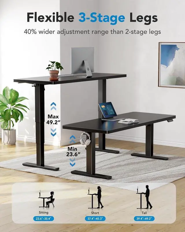 Alt view image 5 of 7 - 70x30 Inch 3-Stage Legs Electric Standing Desk, Large Height Adjustable Office Desk with Brushless Motor, Stand Up Desk with 4 Memory Presets & 2 Hooks, Computer Desk for Home Office, Black