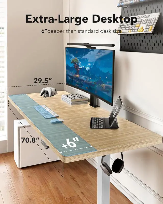 Alt view image 4 of 7 - 71 x 30 inch Electric Standing Desk, Powerful Brushless Motor Large Height Adjustable Table, 4 Memory Preset Sit Stand Up Desk, Home Office Computer Table with Thick T-Shaped Frame, Natural