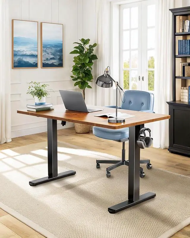 Alt view image 2 of 7 - 48 x 24 inch Electric Standing Desk, Height Adjustable Table with Headphone Hooks & Cable Manager, Sit to Stand up Desk for Home Office, Vintage Brown