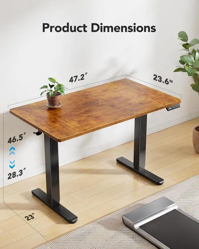 Alt view image 3 of 7 - 48 x 24 inch Electric Standing Desk, Height Adjustable Table with Headphone Hooks & Cable Manager, Sit to Stand up Desk for Home Office, Vintage Brown