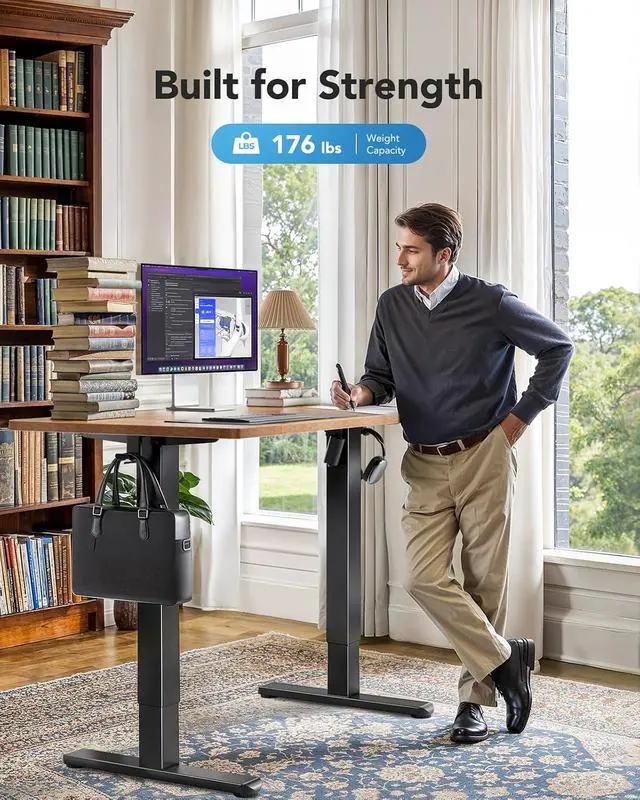 Alt view image 5 of 7 - 48 x 24 inch Electric Standing Desk, Height Adjustable Table with Headphone Hooks & Cable Manager, Sit to Stand up Desk for Home Office, Vintage Brown