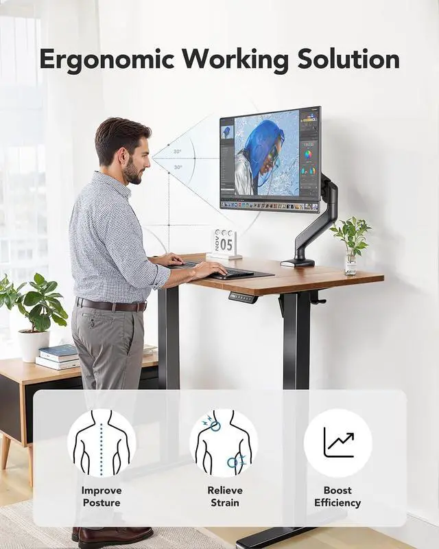 Alt view image 6 of 7 - 48 x 24 inch Electric Standing Desk, Height Adjustable Table with Headphone Hooks & Cable Manager, Sit to Stand up Desk for Home Office, Vintage Brown
