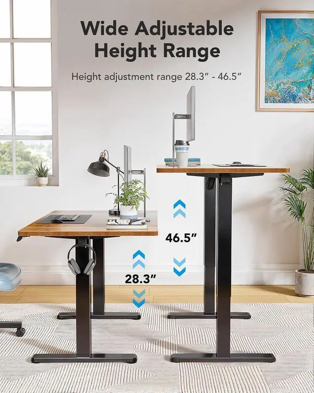 Alt view image 7 of 7 - 48 x 24 inch Electric Standing Desk, Height Adjustable Table with Headphone Hooks & Cable Manager, Sit to Stand up Desk for Home Office, Vintage Brown
