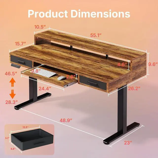 Alt view image 2 of 7 - 55 x 26 Electric Standing Desk with 2 Drawers &24.4 Large Keyboard Tray, C-Clamp Mount Compatible, Adjustable Computer Desk for Office, Sit Stand Up Desk with 4 Height Presets, Vintage Brown