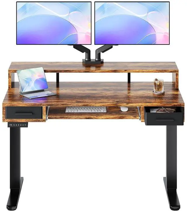 Main image of 48 x 26 Electric Standing Desk with 2 Drawers &24.4 Large Keyboard Tray, C-Clamp Mount Compatible, Adjustable Computer Desk for Office, Sit Stand Up Desk with 4 Height Presets, Vintage Brown