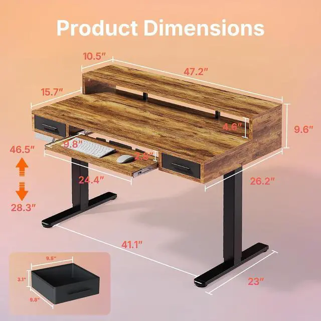 Alt view image 2 of 7 - 48 x 26 Electric Standing Desk with 2 Drawers &24.4 Large Keyboard Tray, C-Clamp Mount Compatible, Adjustable Computer Desk for Office, Sit Stand Up Desk with 4 Height Presets, Vintage Brown