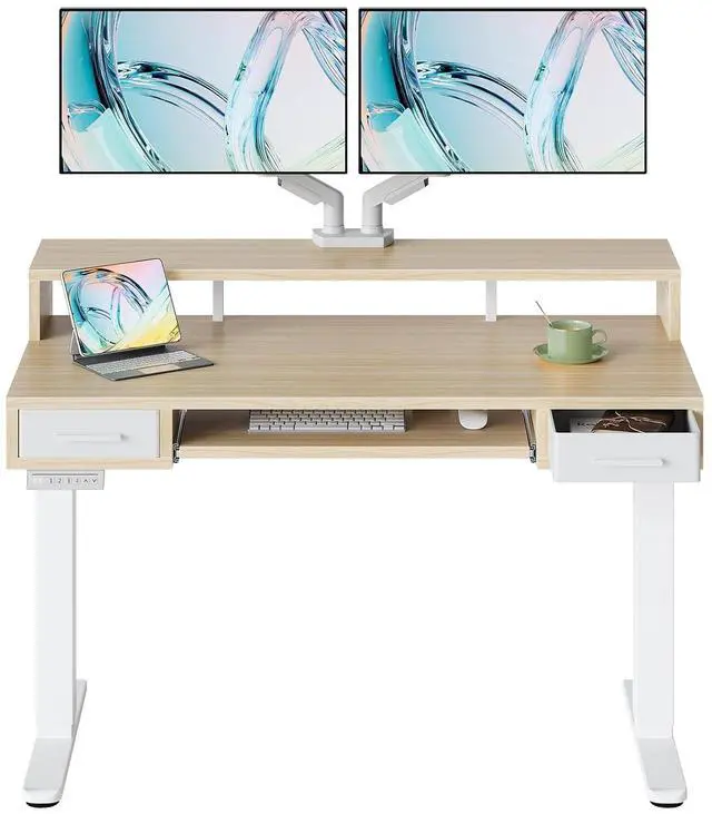 Main image of 48 x 26 Electric Standing Desk with 2 Drawers &24.4 Large Keyboard Tray, C-Clamp Mount Compatible, Adjustable Computer Desk for Office, Sit Stand Up Desk with 4 Height Presets, Light Walnut