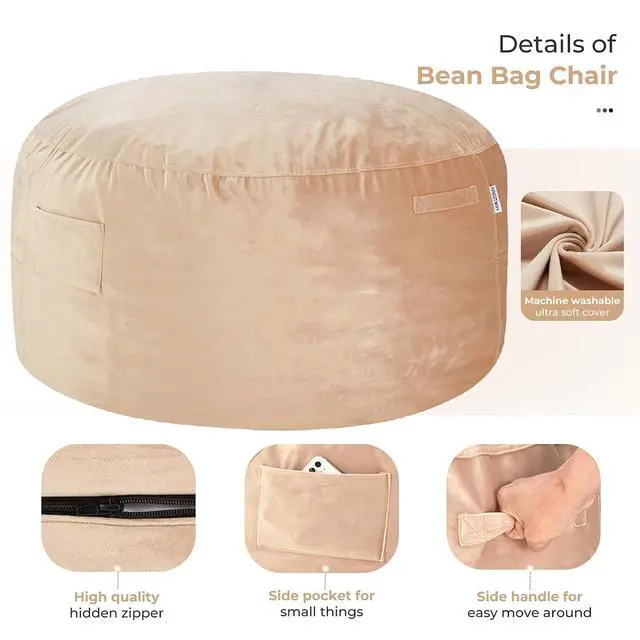 Alt view image 4 of 7 - Bean Bag Chair: Giant 6' Memory Foam Furniture Bean Bag Chair with Microfiber Cover - 6Ft,Khaki