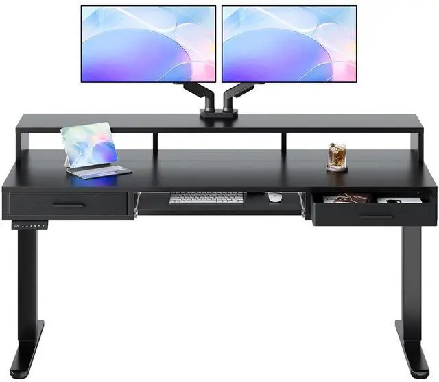 Main image of 63 x 26 Electric Standing Desk with 2 Drawers &24.4 Large Keyboard Tray, C-Clamp Mount Compatible, Adjustable Computer Desk for Office, Sit Stand Up Desk with 4 Height Presets, Black