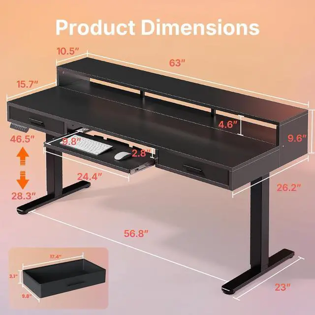 Alt view image 2 of 7 - 63 x 26 Electric Standing Desk with 2 Drawers &24.4 Large Keyboard Tray, C-Clamp Mount Compatible, Adjustable Computer Desk for Office, Sit Stand Up Desk with 4 Height Presets, Black