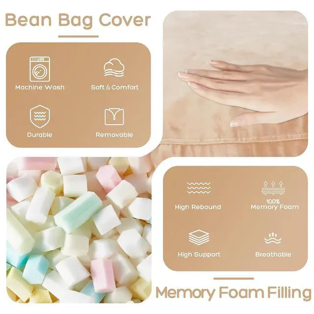 Alt view image 5 of 7 - Bean Bag Chair: Giant 4' Memory Foam Furniture Bean Bag Chairs for Adults with Microfiber Cover 4Ft (Khaki)