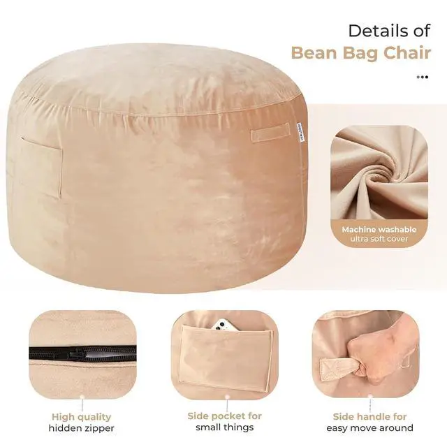 Alt view image 6 of 7 - Bean Bag Chair: Giant 4' Memory Foam Furniture Bean Bag Chairs for Adults with Microfiber Cover 4Ft (Khaki)