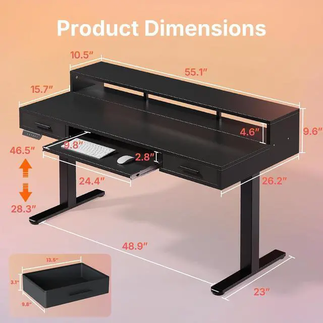 Alt view image 2 of 7 - 55 x 26 Electric Standing Desk with 2 Drawers &24.4 Large Keyboard Tray, C-Clamp Mount Compatible, Adjustable Computer Desk for Office, Sit Stand Up Desk with 4 Height Presets, Black