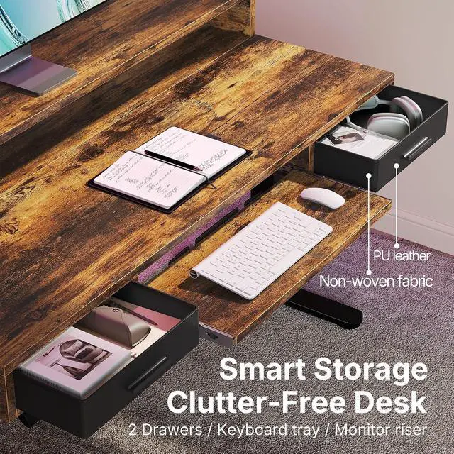 Alt view image 3 of 7 - 63 x 26 Electric Standing Desk with 2 Drawers &24.4 Large Keyboard Tray, C-Clamp Mount Compatible, Adjustable Computer Desk for Office, Sit Stand Up Desk with 4 Height Presets, Vintage Brown