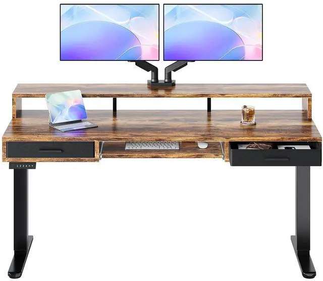 Main image of 63 x 26 Electric Standing Desk with 2 Drawers &24.4 Large Keyboard Tray, C-Clamp Mount Compatible, Adjustable Computer Desk for Office, Sit Stand Up Desk with 4 Height Presets, Vintage Brown