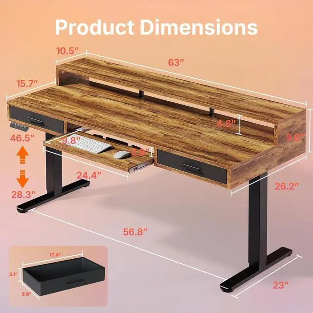 Alt view image 2 of 7 - 63 x 26 Electric Standing Desk with 2 Drawers &24.4 Large Keyboard Tray, C-Clamp Mount Compatible, Adjustable Computer Desk for Office, Sit Stand Up Desk with 4 Height Presets, Vintage Brown