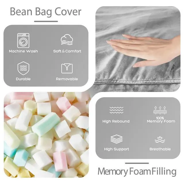 Alt view image 5 of 7 - Bean Bag Chair: Giant 4' Memory Foam Furniture Bean Bag Chairs for Adults with Microfiber Cover 4Ft (Light Grey)