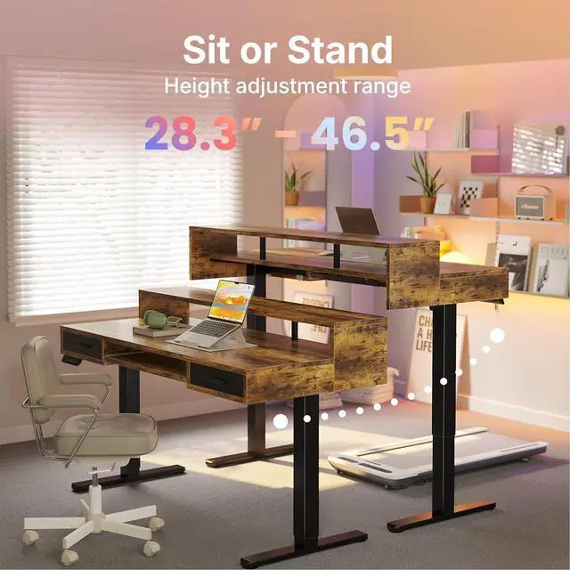 Alt view image 7 of 7 - 63 x 26 Electric Standing Desk with 2 Drawers &24.4 Large Keyboard Tray, C-Clamp Mount Compatible, Adjustable Computer Desk for Office, Sit Stand Up Desk with 4 Height Presets, Vintage Brown