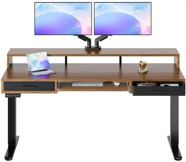 Main image of 63 x 26 Electric Standing Desk with 2 Drawers &24.4 Large Keyboard Tray, C-Clamp Mount Compatible, Adjustable Computer Desk for Office, Sit Stand Up Desk with 4 Height Presets, Deep Walnut