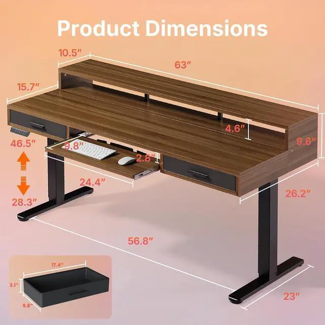 Alt view image 2 of 7 - 63 x 26 Electric Standing Desk with 2 Drawers &24.4 Large Keyboard Tray, C-Clamp Mount Compatible, Adjustable Computer Desk for Office, Sit Stand Up Desk with 4 Height Presets, Deep Walnut