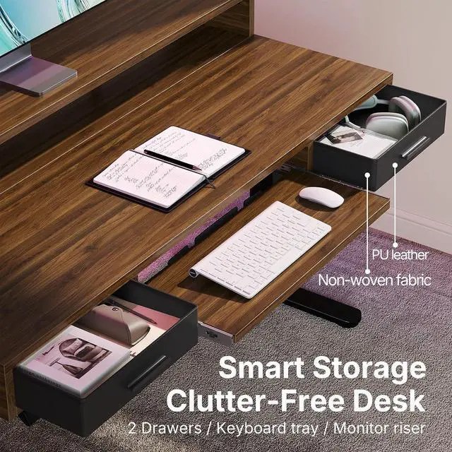 Alt view image 3 of 7 - 63 x 26 Electric Standing Desk with 2 Drawers &24.4 Large Keyboard Tray, C-Clamp Mount Compatible, Adjustable Computer Desk for Office, Sit Stand Up Desk with 4 Height Presets, Deep Walnut