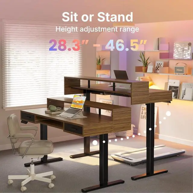 Alt view image 7 of 7 - 63 x 26 Electric Standing Desk with 2 Drawers &24.4 Large Keyboard Tray, C-Clamp Mount Compatible, Adjustable Computer Desk for Office, Sit Stand Up Desk with 4 Height Presets, Deep Walnut