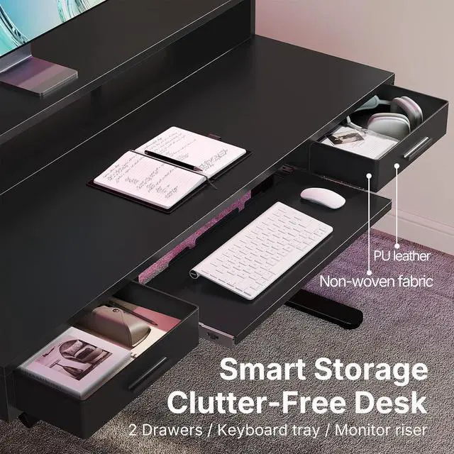 Alt view image 3 of 7 - 48 x 26 Electric Standing Desk with 2 Drawers &24.4 Large Keyboard Tray, C-Clamp Mount Compatible, Adjustable Computer Desk for Office, Sit Stand Up Desk with 4 Height Presets, Black