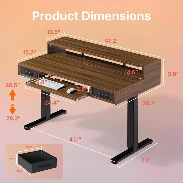 Alt view image 2 of 7 - 48 x 26 Electric Standing Desk with 2 Drawers &24.4 Large Keyboard Tray, C-Clamp Mount Compatible, Adjustable Computer Desk for Office, Sit Stand Up Desk with 4 Height Presets, Deep Walnut
