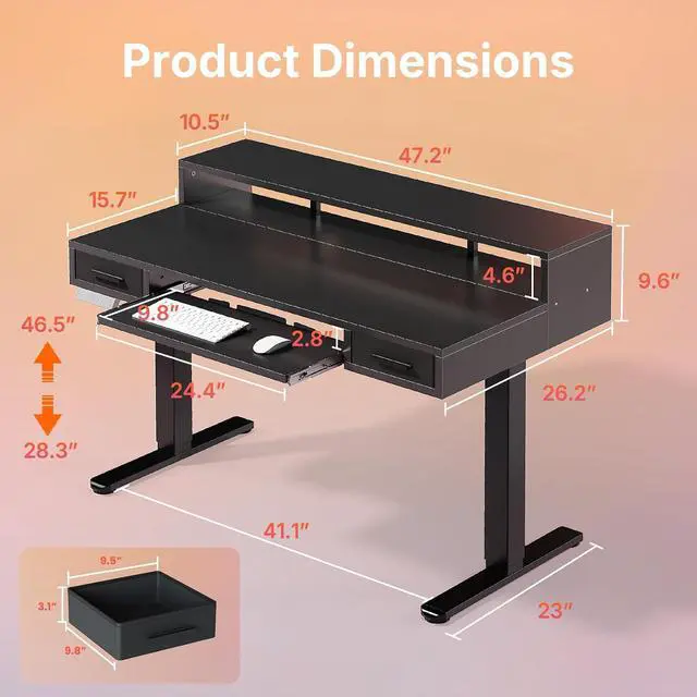 Alt view image 2 of 7 - 48 x 26 Electric Standing Desk with 2 Drawers &24.4 Large Keyboard Tray, C-Clamp Mount Compatible, Adjustable Computer Desk for Office, Sit Stand Up Desk with 4 Height Presets, Black