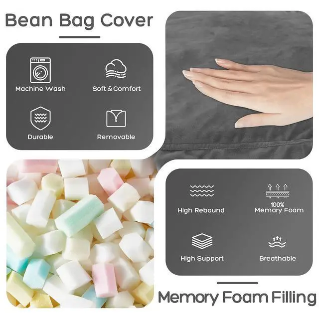 Alt view image 5 of 7 - Bean Bag Chair: Giant 4' Memory Foam Furniture Bean Bag Chairs for Adults with Microfiber Cover 4Ft (Grey)