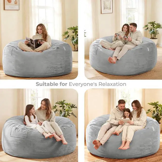 Alt view image 5 of 7 - Bean Bag Chair: Giant 6' Memory Foam Furniture Bean Bag Chair with Microfiber Cover - 6Ft,Light Grey