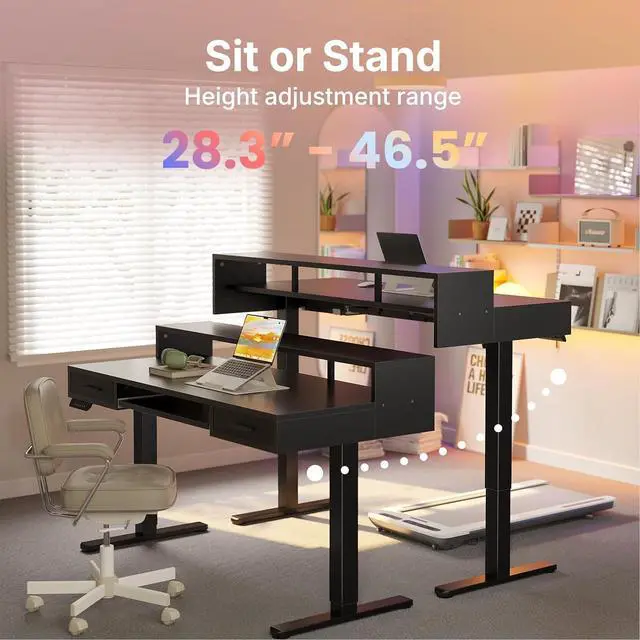 Alt view image 7 of 7 - 48 x 26 Electric Standing Desk with 2 Drawers &24.4 Large Keyboard Tray, C-Clamp Mount Compatible, Adjustable Computer Desk for Office, Sit Stand Up Desk with 4 Height Presets, Black