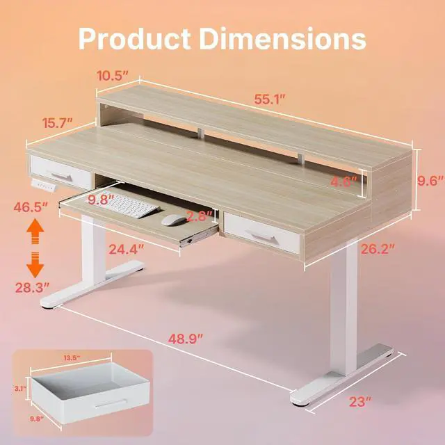 Alt view image 2 of 7 - 55 x 26 Electric Standing Desk with 2 Drawers &24.4 Large Keyboard Tray, C-Clamp Mount Compatible, Adjustable Computer Desk for Office, Sit Stand Up Desk with 4 Height Presets, Light Walnut