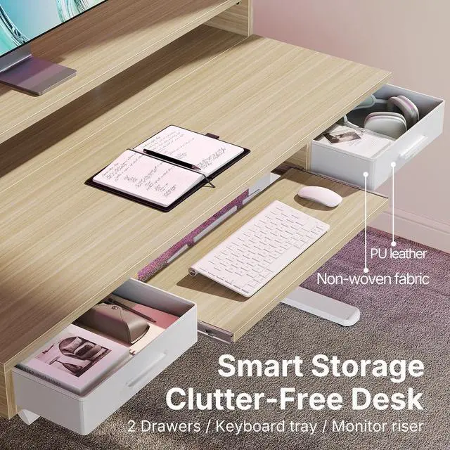 Alt view image 3 of 7 - 55 x 26 Electric Standing Desk with 2 Drawers &24.4 Large Keyboard Tray, C-Clamp Mount Compatible, Adjustable Computer Desk for Office, Sit Stand Up Desk with 4 Height Presets, Light Walnut