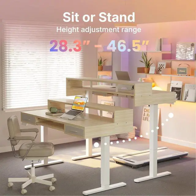 Alt view image 6 of 7 - 55 x 26 Electric Standing Desk with 2 Drawers &24.4 Large Keyboard Tray, C-Clamp Mount Compatible, Adjustable Computer Desk for Office, Sit Stand Up Desk with 4 Height Presets, Light Walnut