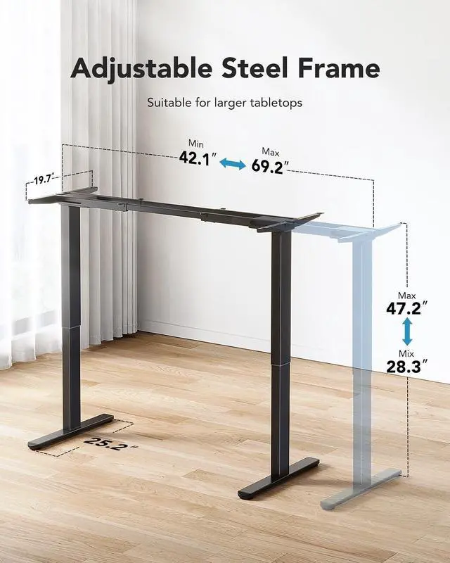 Alt view image 3 of 7 - Electric Standing Desks Frame with 265 lbs Dual Motor,Thick T-Shaped Desk Legs Made of Automotive Grade Steel,for Max 90x31.5 Desktop, Height Adjustable Desk Frame for Home Office, Frame Only