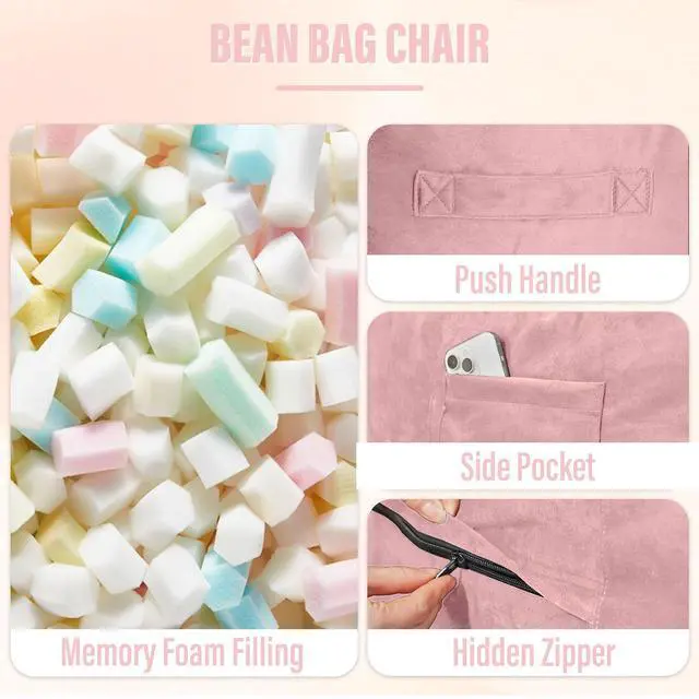 Alt view image 4 of 7 - Bean Bag Chair: Giant 6' Memory Foam Furniture Bean Bag Chair with Microfiber Cover - 6Ft, Soft Pink