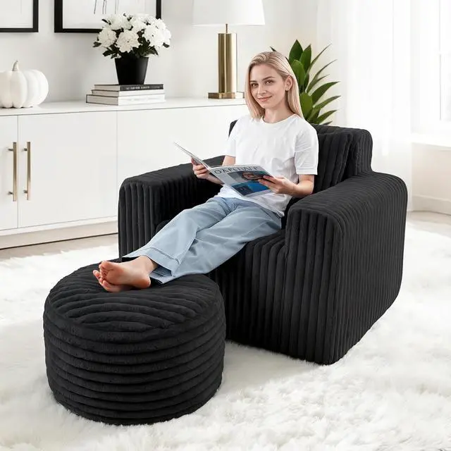 Alt view image 3 of 7 - Bean Bag Chair for Adults with Pillow, Giant Bean Bag Chairs with Ottoman, Comfy Dorm Chair with High Backrest & Wider Armrest, Lounger Chair Indoor for Bedroom Living Room(Black)