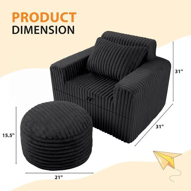 Alt view image 2 of 7 - Bean Bag Chair for Adults with Pillow, Giant Bean Bag Chairs with Ottoman, Comfy Dorm Chair with High Backrest & Wider Armrest, Lounger Chair Indoor for Bedroom Living Room(Black)