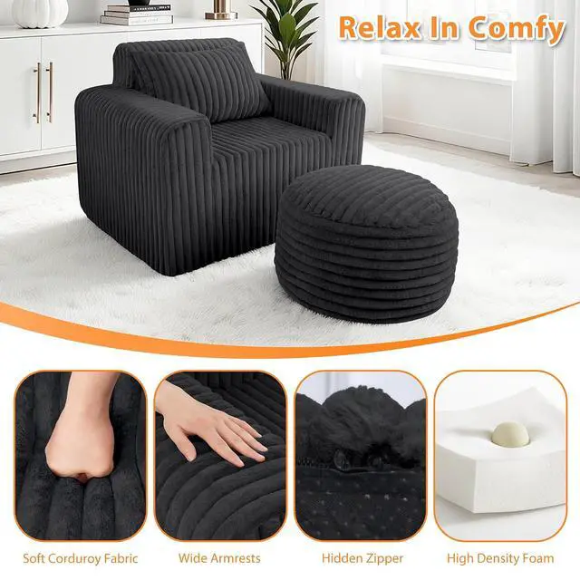Alt view image 4 of 7 - Bean Bag Chair for Adults with Pillow, Giant Bean Bag Chairs with Ottoman, Comfy Dorm Chair with High Backrest & Wider Armrest, Lounger Chair Indoor for Bedroom Living Room(Black)