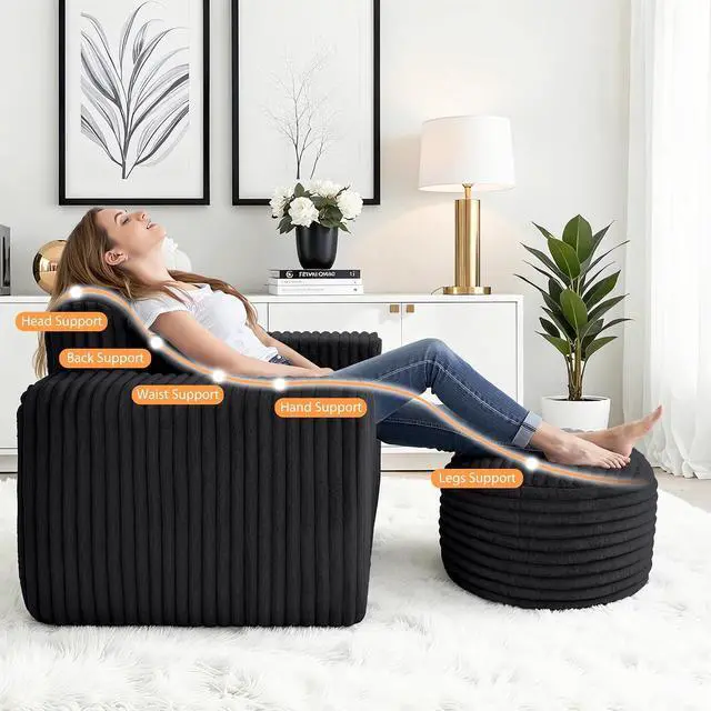 Alt view image 5 of 7 - Bean Bag Chair for Adults with Pillow, Giant Bean Bag Chairs with Ottoman, Comfy Dorm Chair with High Backrest & Wider Armrest, Lounger Chair Indoor for Bedroom Living Room(Black)