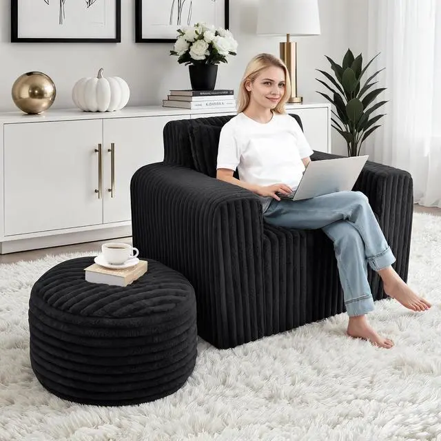 Alt view image 6 of 7 - Bean Bag Chair for Adults with Pillow, Giant Bean Bag Chairs with Ottoman, Comfy Dorm Chair with High Backrest & Wider Armrest, Lounger Chair Indoor for Bedroom Living Room(Black)