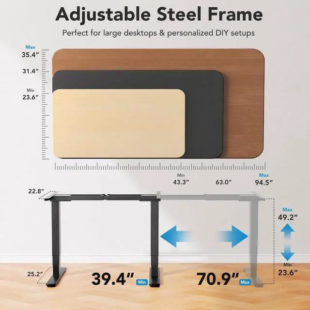Alt view image 3 of 7 - Height Adjustable Electric Standing Desk Frame, 3 Stage Leg Dual Motors Sit Stand Desk Frame with Memory Controller for Home Office, for Max 75 x 35 Desktop, Frame Only, Black