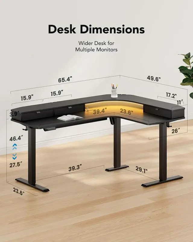 Alt view image 2 of 7 - 65 L-Shaped Standing Desk with Power Outlets & LED Strip, Electric Height Adjustable Corner Computer Desk, Sit Stand Up Desk with 3 Drawers, Black