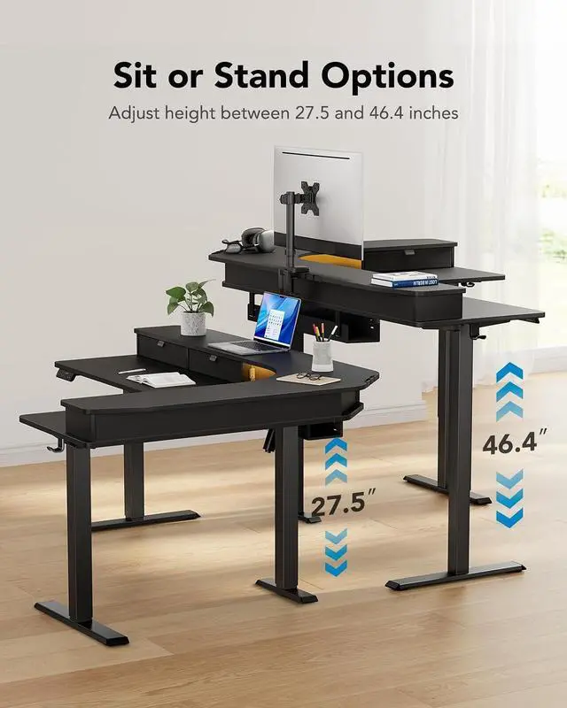 Alt view image 4 of 7 - 65 L-Shaped Standing Desk with Power Outlets & LED Strip, Electric Height Adjustable Corner Computer Desk, Sit Stand Up Desk with 3 Drawers, Black
