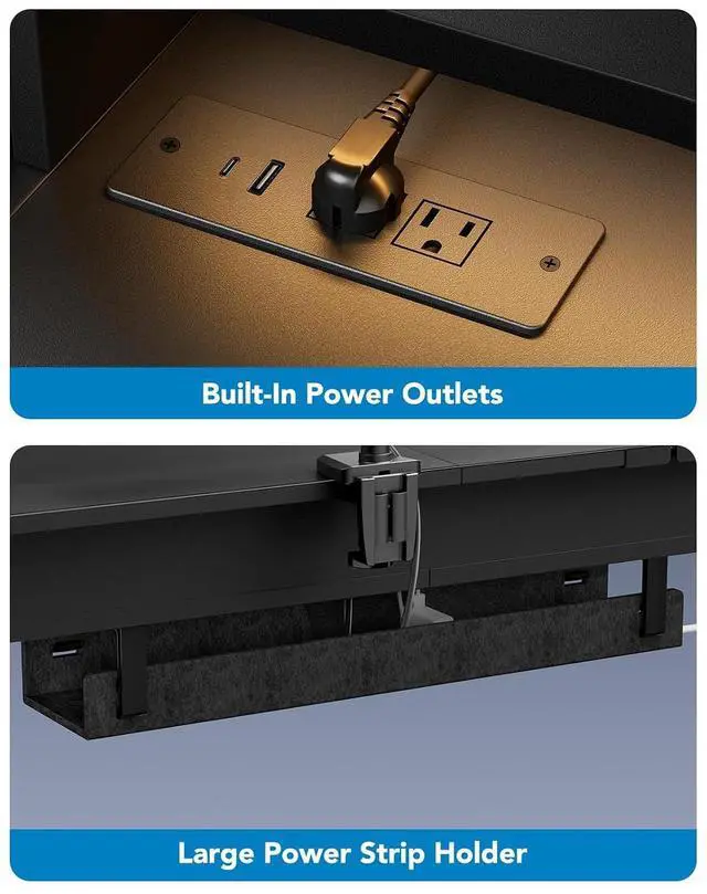 Alt view image 5 of 7 - 65 L-Shaped Standing Desk with Power Outlets & LED Strip, Electric Height Adjustable Corner Computer Desk, Sit Stand Up Desk with 3 Drawers, Black