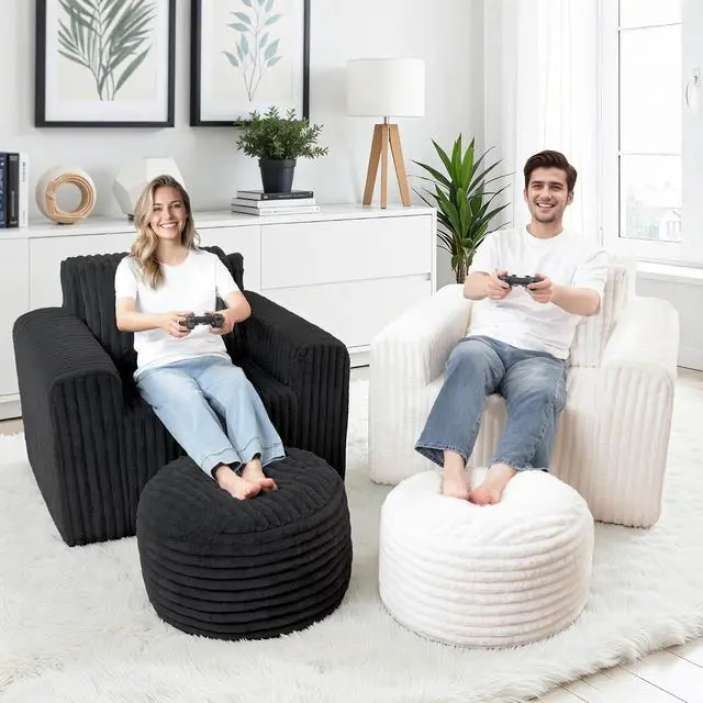 Alt view image 7 of 7 - Bean Bag Chair for Adults with Pillow, Giant Bean Bag Chairs with Ottoman, Comfy Dorm Chair with High Backrest & Wider Armrest, Lounger Chair Indoor for Bedroom Living Room(Black)